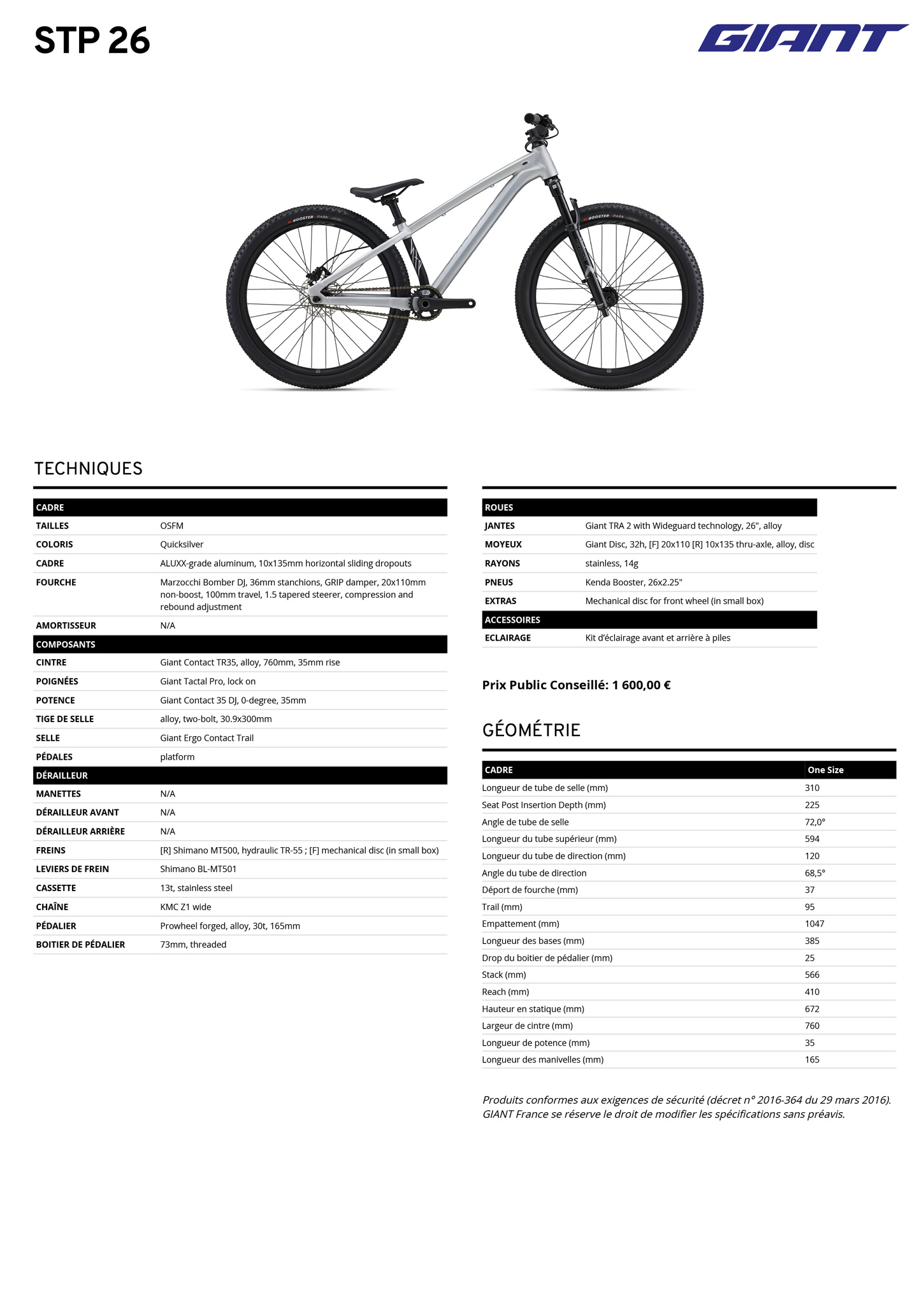 Fiche technique du velo STP 26 année 2026